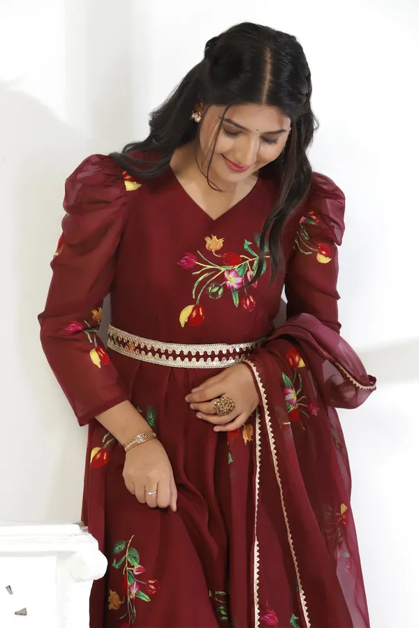 Coffee_Organza_A_Line_Dress_with_Dupatta_Set_|_Floral_Print_and_Maxi_Length_Dress