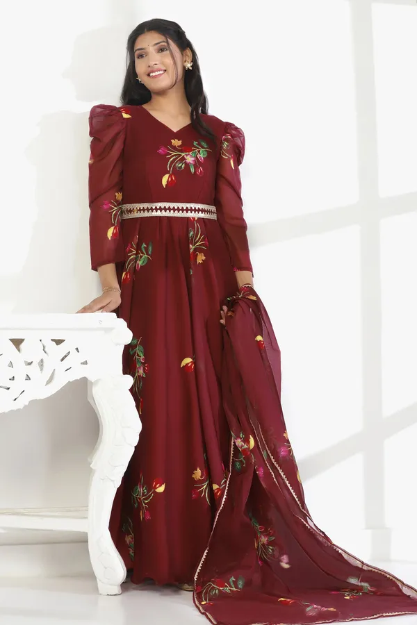 Coffee_Organza_A_Line_Dress_with_Dupatta_Set_|_Floral_Print_and_Maxi_Length_Dress