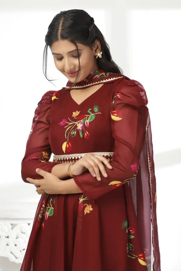 Coffee_Organza_A_Line_Dress_with_Dupatta_Set_|_Floral_Print_and_Maxi_Length_Dress