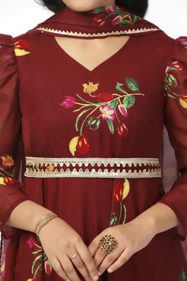 Coffee_Organza_A_Line_Dress_with_Dupatta_Set_|_Floral_Print_and_Maxi_Length_Dress