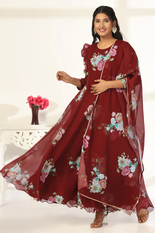 Coffee_Organza_A_Line_Dress_with_Dupatta_Set_|_Floral_Print_and_Maxi_Length_Dress