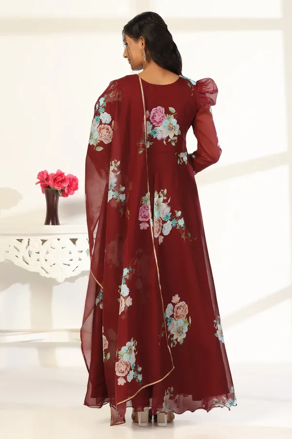 Coffee_Organza_A_Line_Dress_with_Dupatta_Set_|_Floral_Print_and_Maxi_Length_Dress