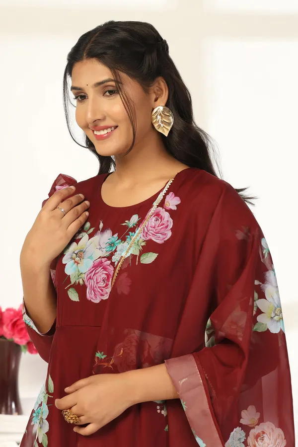 Coffee_Organza_A_Line_Dress_with_Dupatta_Set_|_Floral_Print_and_Maxi_Length_Dress