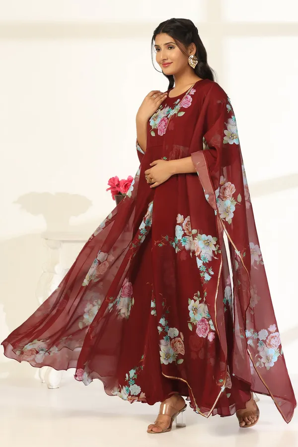 Coffee_Organza_A_Line_Dress_with_Dupatta_Set_|_Floral_Print_and_Maxi_Length_Dress