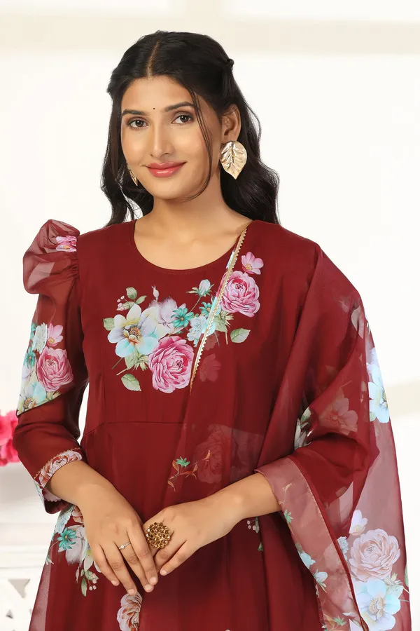 Coffee_Organza_A_Line_Dress_with_Dupatta_Set_|_Floral_Print_and_Maxi_Length_Dress