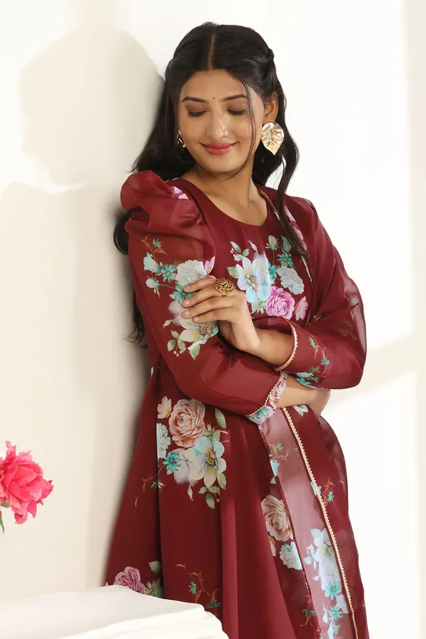 Coffee_Organza_A_Line_Dress_with_Dupatta_Set_|_Floral_Print_and_Maxi_Length_Dress