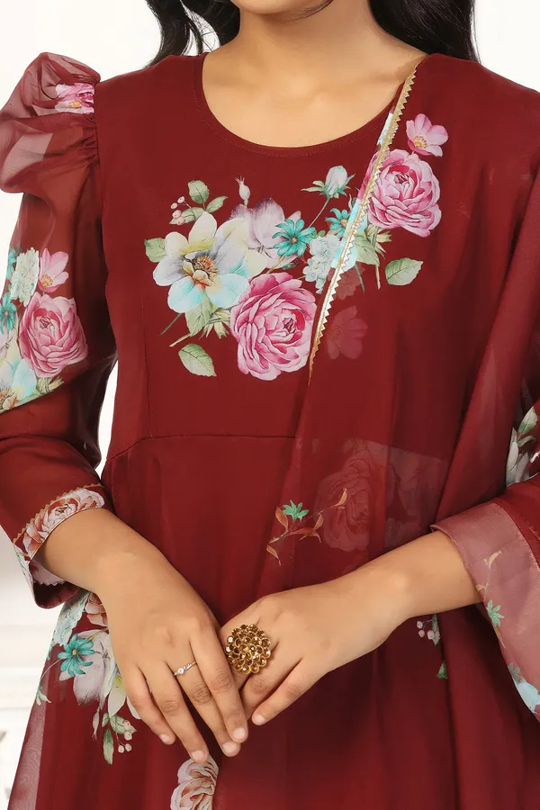 Coffee_Organza_A_Line_Dress_with_Dupatta_Set_|_Floral_Print_and_Maxi_Length_Dress