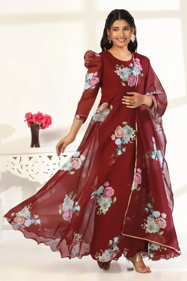 Coffee_Organza_A_Line_Dress_with_Dupatta_Set_|_Floral_Print_and_Maxi_Length_Dress