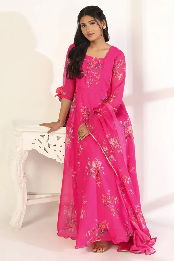 Pink_Organza_A_Line_Dress_with_Dupatta_Set_|_Floral_Print_and_Maxi_Length_Dress
