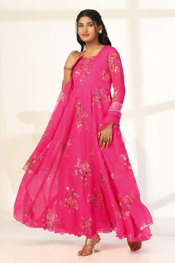 Pink_Organza_A_Line_Dress_with_Dupatta_Set_|_Floral_Print_and_Maxi_Length_Dress
