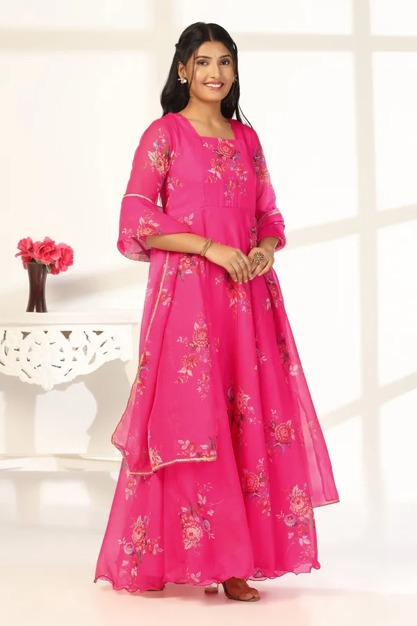 Pink_Organza_A_Line_Dress_with_Dupatta_Set_|_Floral_Print_and_Maxi_Length_Dress