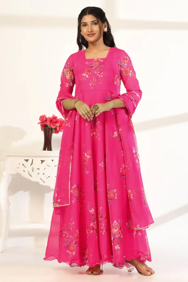 Pink_Organza_A_Line_Dress_with_Dupatta_Set_|_Floral_Print_and_Maxi_Length_Dress