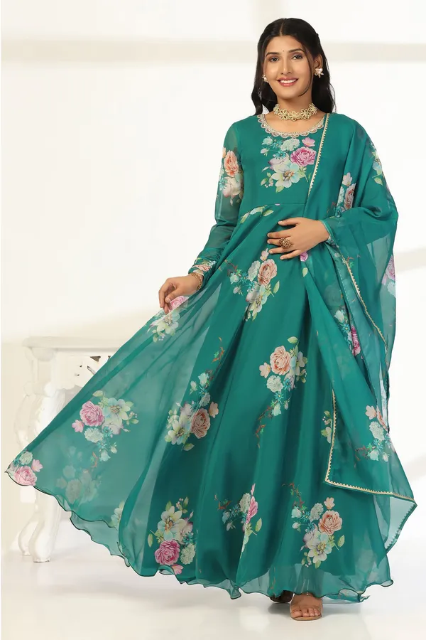 Green_Organza_A_Line_Dress_with_Dupatta_Set_|_Floral_Print_and_Maxi_Length_Dress