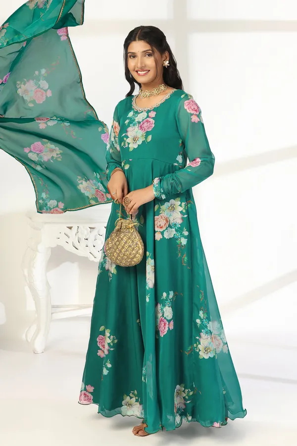 Green_Organza_A_Line_Dress_with_Dupatta_Set_|_Floral_Print_and_Maxi_Length_Dress