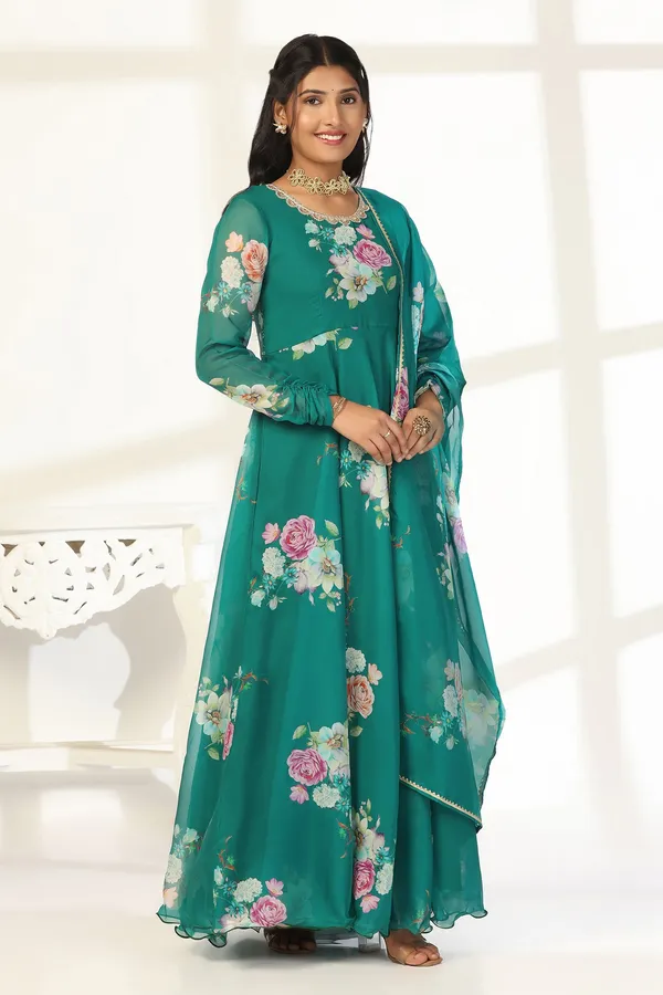 Green_Organza_A_Line_Dress_with_Dupatta_Set_|_Floral_Print_and_Maxi_Length_Dress