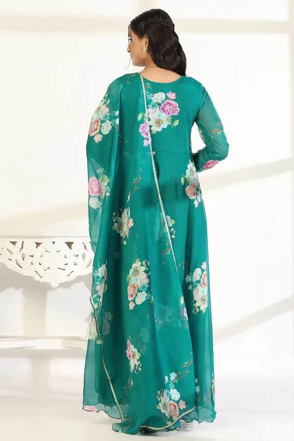 Green_Organza_A_Line_Dress_with_Dupatta_Set_|_Floral_Print_and_Maxi_Length_Dress