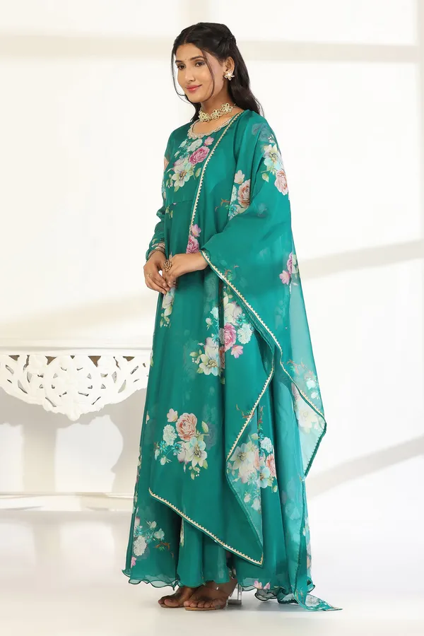 Green_Organza_A_Line_Dress_with_Dupatta_Set_|_Floral_Print_and_Maxi_Length_Dress