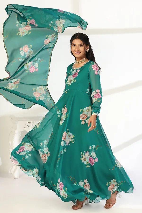 Green_Organza_A_Line_Dress_with_Dupatta_Set_|_Floral_Print_and_Maxi_Length_Dress