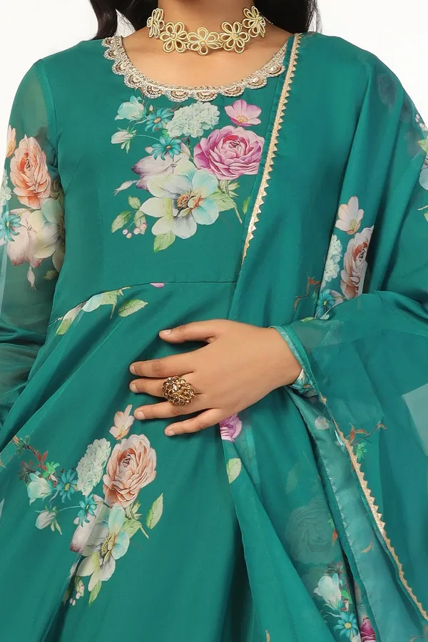 Green_Organza_A_Line_Dress_with_Dupatta_Set_|_Floral_Print_and_Maxi_Length_Dress