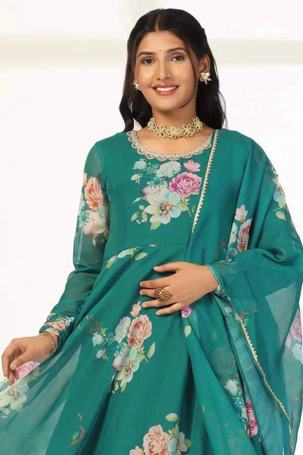 Green_Organza_A_Line_Dress_with_Dupatta_Set_|_Floral_Print_and_Maxi_Length_Dress