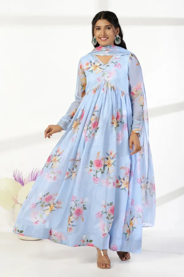 Sky_Blue_Organza_A_Line_Dress_with_Dupatta_Set_|_Floral_Print_and_Maxi_Length_Dress