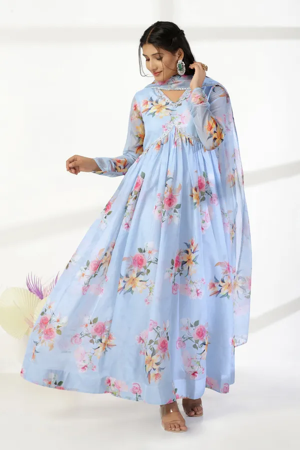 Sky_Blue_Organza_A_Line_Dress_with_Dupatta_Set_|_Floral_Print_and_Maxi_Length_Dress