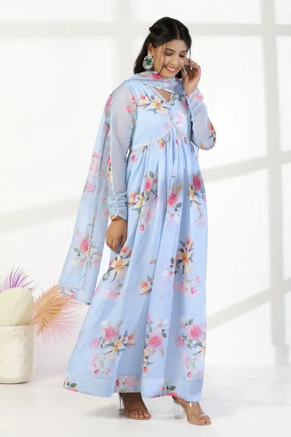 Sky_Blue_Organza_A_Line_Dress_with_Dupatta_Set_|_Floral_Print_and_Maxi_Length_Dress