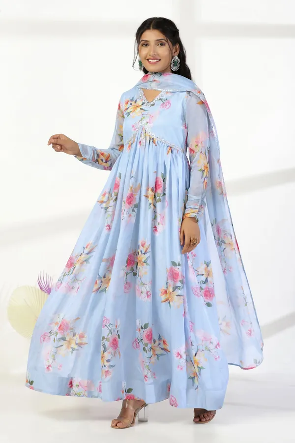 Sky_Blue_Organza_A_Line_Dress_with_Dupatta_Set_|_Floral_Print_and_Maxi_Length_Dress