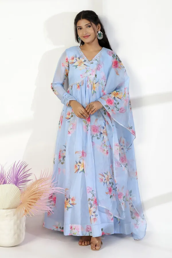 Sky_Blue_Organza_A_Line_Dress_with_Dupatta_Set_|_Floral_Print_and_Maxi_Length_Dress