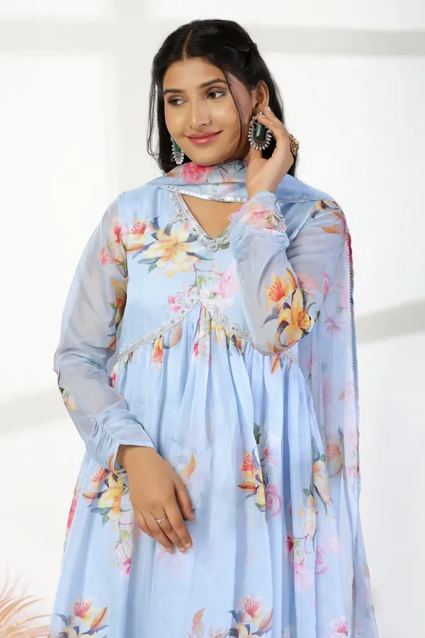 Sky_Blue_Organza_A_Line_Dress_with_Dupatta_Set_|_Floral_Print_and_Maxi_Length_Dress