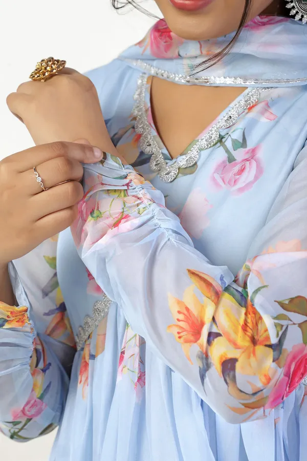 Sky_Blue_Organza_A_Line_Dress_with_Dupatta_Set_|_Floral_Print_and_Maxi_Length_Dress