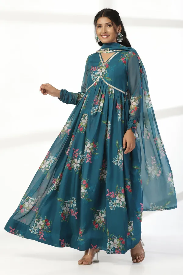 Morpich_Organza_A_Line_Dress_with_Dupatta_Set_|_Floral_Print_and_Maxi_Length_Dress