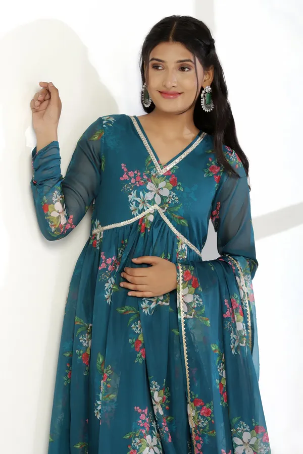 Morpich_Organza_A_Line_Dress_with_Dupatta_Set_|_Floral_Print_and_Maxi_Length_Dress