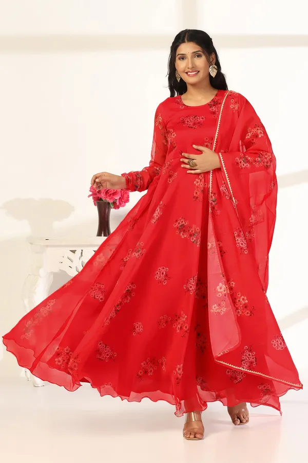 Red_Organza_A_Line_Dress_with_Dupatta_Set_|_Floral_Print_and_Maxi_Length_Dress