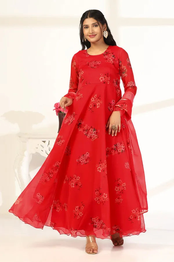 Red_Organza_A_Line_Dress_with_Dupatta_Set_|_Floral_Print_and_Maxi_Length_Dress