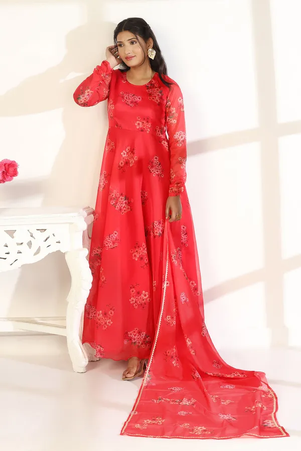 Red_Organza_A_Line_Dress_with_Dupatta_Set_|_Floral_Print_and_Maxi_Length_Dress