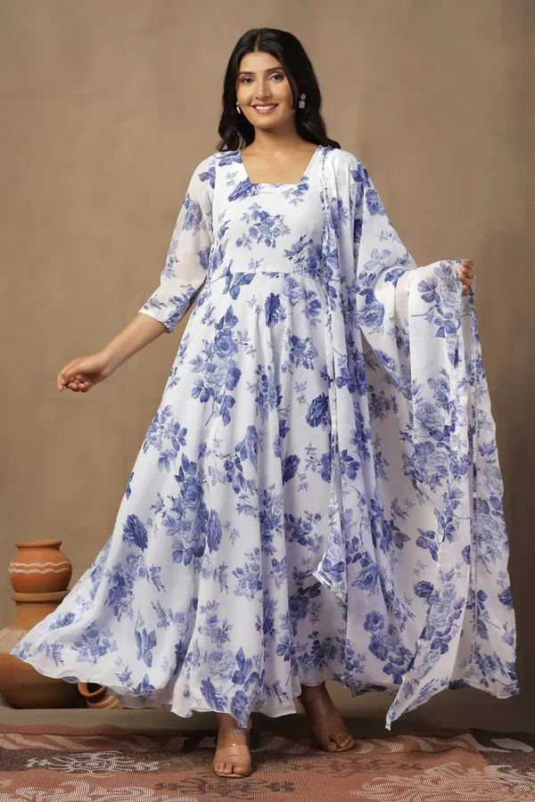 White_Georgette_Floral_Print_Maxi_Dress_With_Dupatta_Set_For_Women