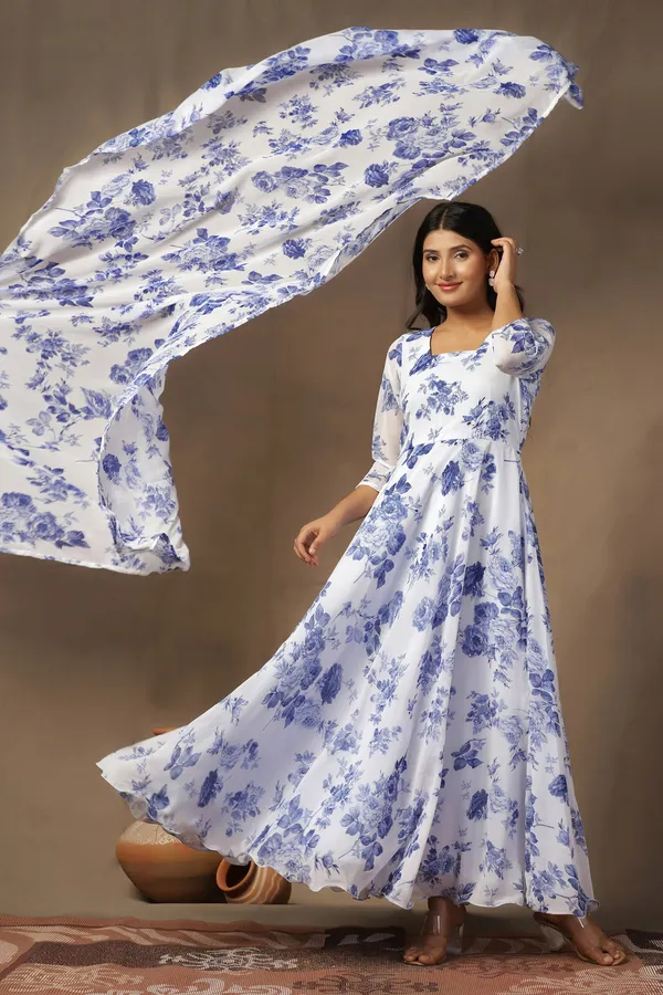 White_Georgette_Floral_Print_Maxi_Dress_With_Dupatta_Set_For_Women