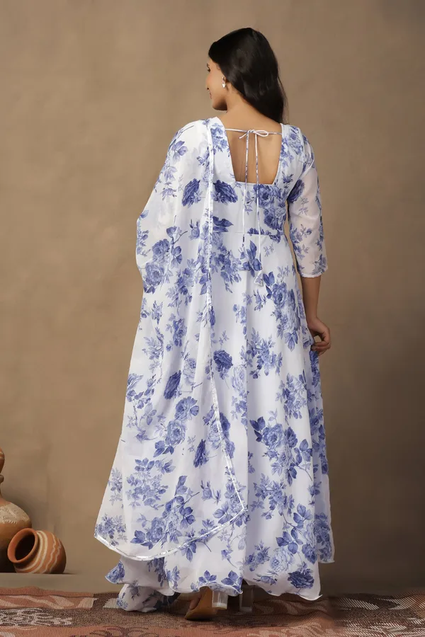 White_Georgette_Floral_Print_Maxi_Dress_With_Dupatta_Set_For_Women