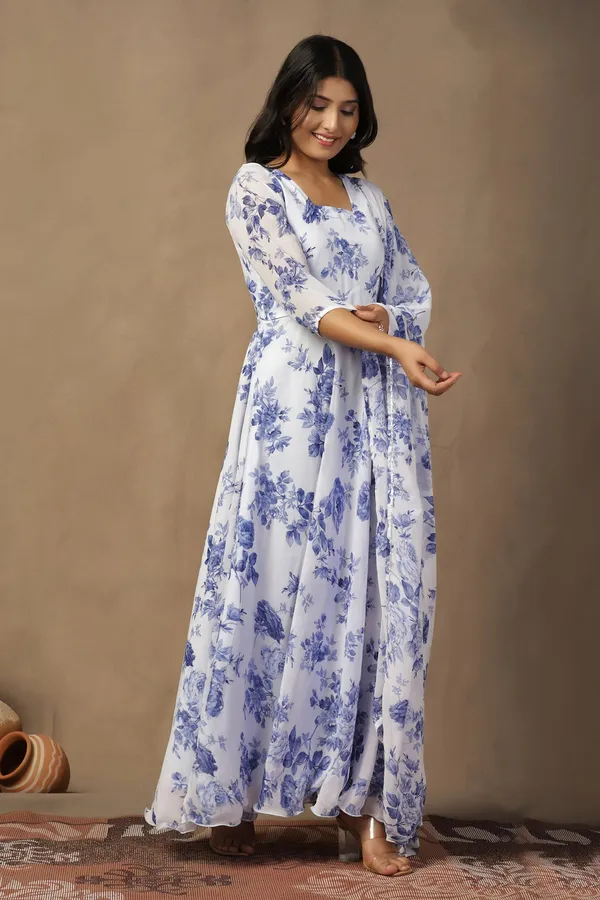 White_Georgette_Floral_Print_Maxi_Dress_With_Dupatta_Set_For_Women