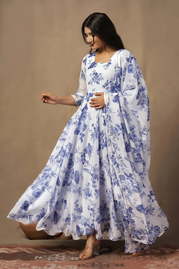 White_Georgette_Floral_Print_Maxi_Dress_With_Dupatta_Set_For_Women