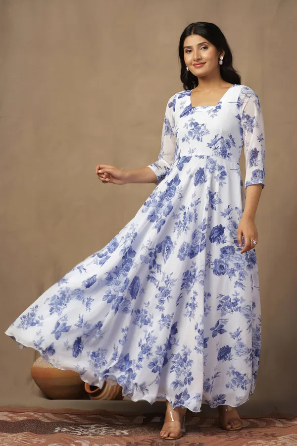 White_Georgette_Floral_Print_Maxi_Dress_With_Dupatta_Set_For_Women