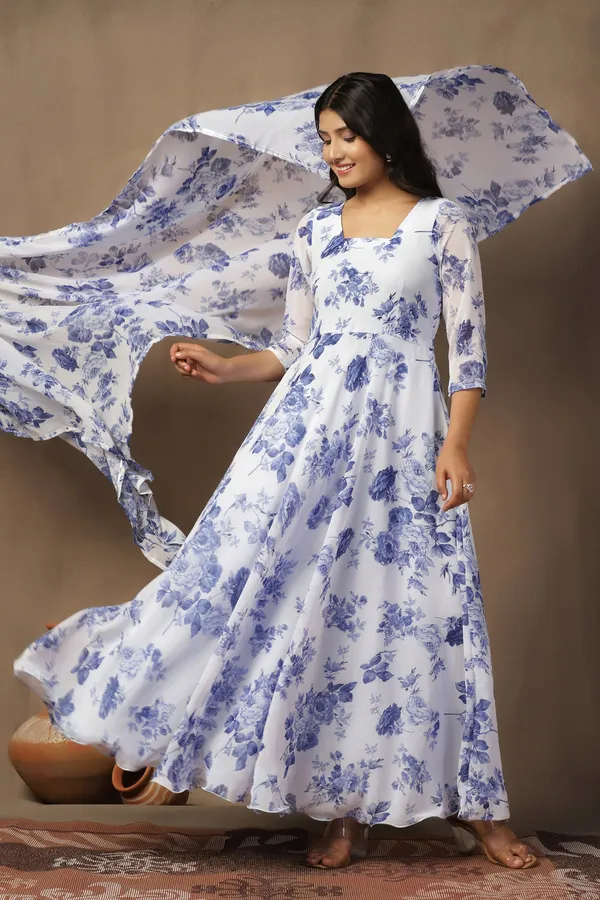 White_Georgette_Floral_Print_Maxi_Dress_With_Dupatta_Set_For_Women