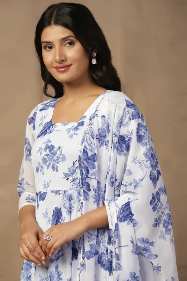 White_Georgette_Floral_Print_Maxi_Dress_With_Dupatta_Set_For_Women