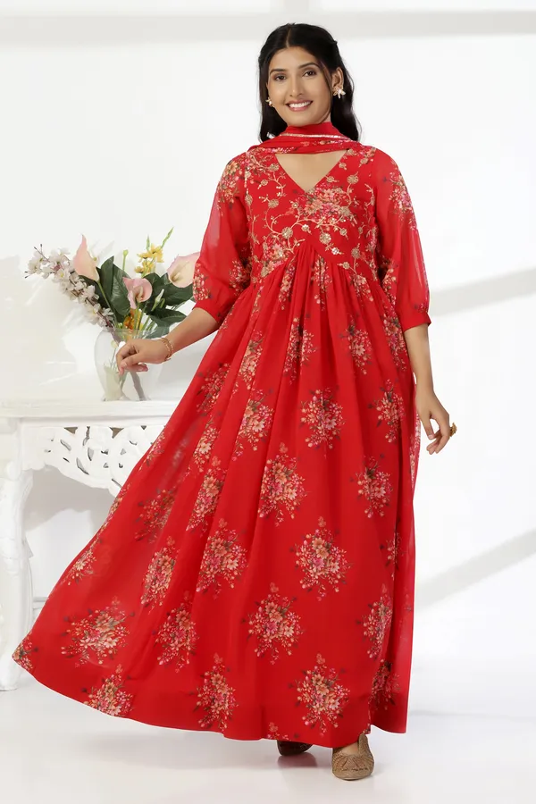 Red_Georgette_Empire_Waist_Floral_Print_Maxi_Dress_With_Dupatta_Set_For_Women