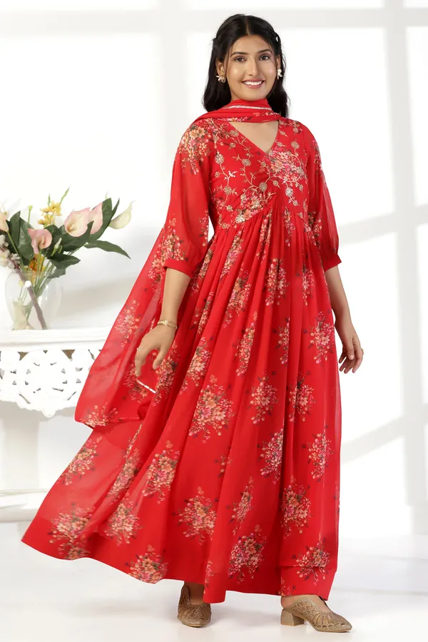 Red_Georgette_Empire_Waist_Floral_Print_Maxi_Dress_With_Dupatta_Set_For_Women