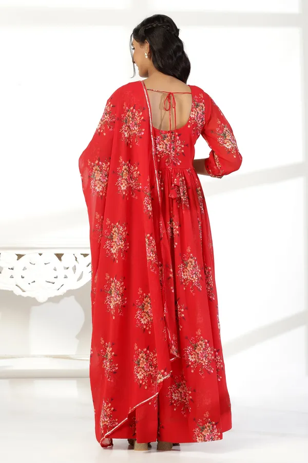 Red_Georgette_Empire_Waist_Floral_Print_Maxi_Dress_With_Dupatta_Set_For_Women