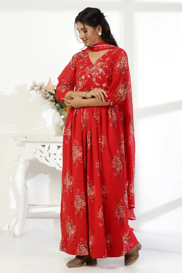 Red_Georgette_Empire_Waist_Floral_Print_Maxi_Dress_With_Dupatta_Set_For_Women