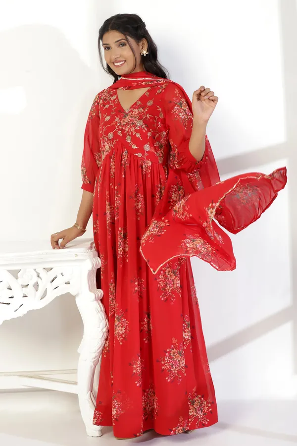 Red_Georgette_Empire_Waist_Floral_Print_Maxi_Dress_With_Dupatta_Set_For_Women