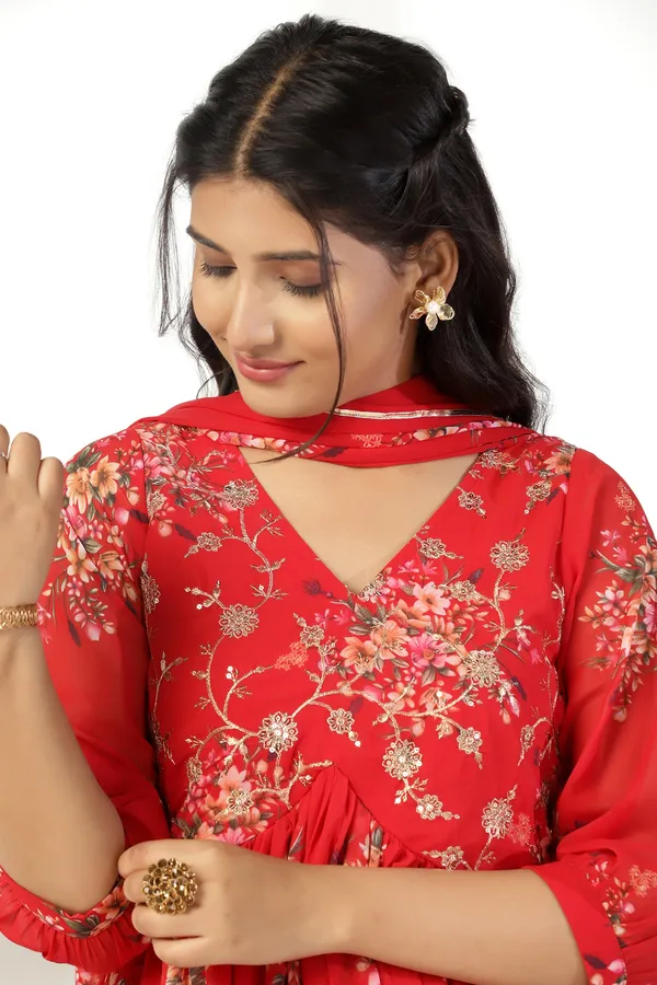 Red_Georgette_Empire_Waist_Floral_Print_Maxi_Dress_With_Dupatta_Set_For_Women
